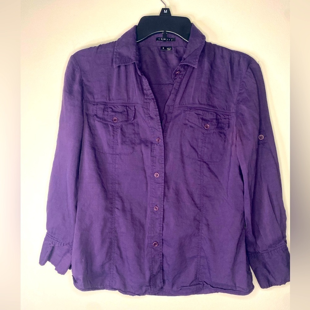 Women’s Theory Long Sleeve V Neck Button Up Blouse Career Purple‎ Linen Sz Small